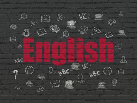 Studying concept: Painted red text English on Black Brick wall background with  Hand Drawn Education Icons