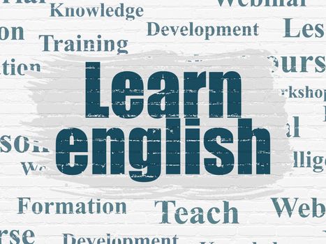 Education concept: Painted blue text Learn English on White Brick wall background with  Tag Cloud