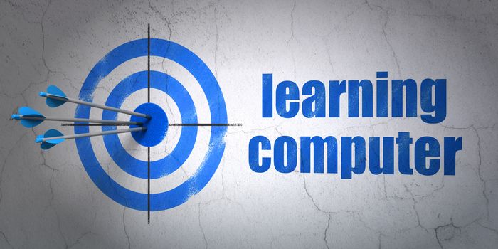 Success Studying concept: arrows hitting the center of target, Blue Learning Computer on wall background, 3D rendering