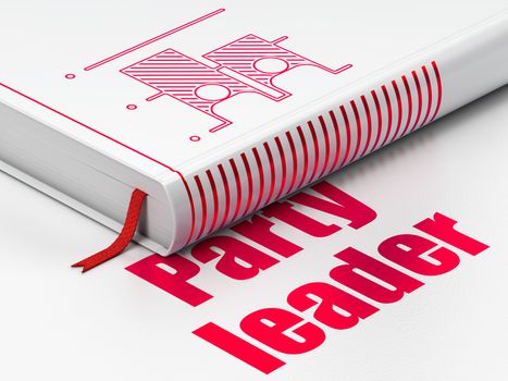 Political concept: closed book with Red Election icon and text Party Leader on floor, white background, 3D rendering