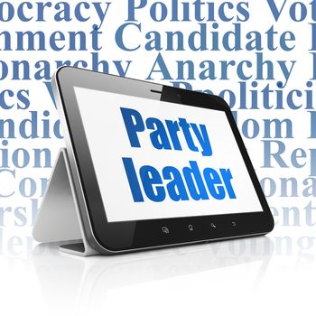 Political concept: Tablet Computer with  blue text Party Leader on display,  Tag Cloud background, 3D rendering