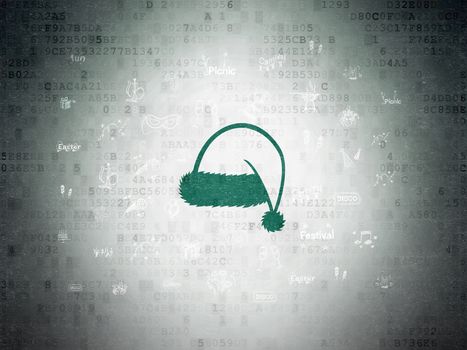 Entertainment, concept: Painted green Christmas Hat icon on Digital Data Paper background with  Hand Drawn Holiday Icons