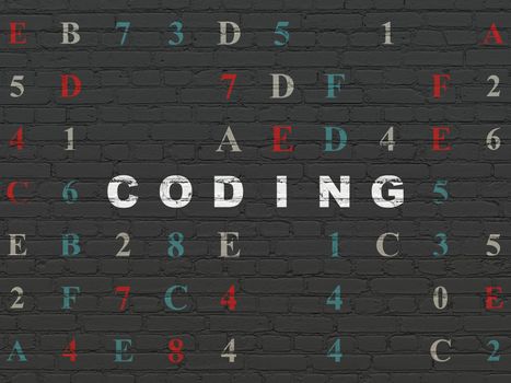 Programming concept: Painted white text Coding on Black Brick wall background with Hexadecimal Code