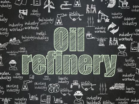 Manufacuring concept: Chalk Green text Oil Refinery on School board background with  Hand Drawn Industry Icons, School Board