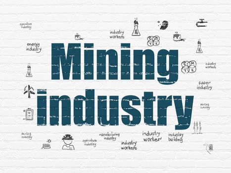 Manufacuring concept: Painted blue text Mining Industry on White Brick wall background with  Hand Drawn Industry Icons
