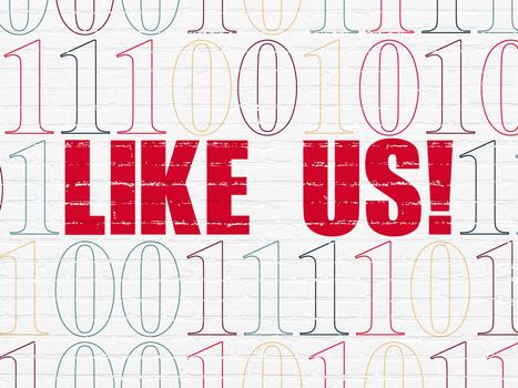 Social network concept: Painted red text Like us! on White Brick wall background with Binary Code