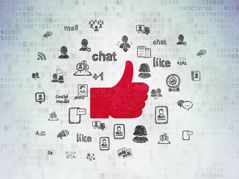 Social network concept: Painted red Thumb Up icon on Digital Data Paper background with  Hand Drawn Social Network Icons