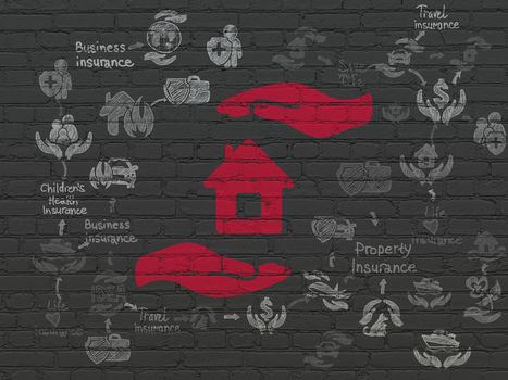 Insurance concept: Painted red House And Palm icon on Black Brick wall background with Scheme Of Hand Drawn Insurance Icons