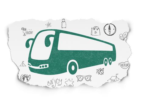 Tourism concept: Painted green Bus icon on Torn Paper background with  Hand Drawn Vacation Icons