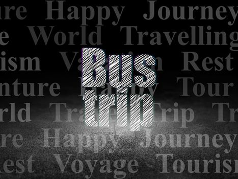 Tourism concept: Glowing text Bus Trip in grunge dark room with Dirty Floor, black background with  Tag Cloud