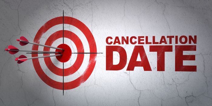 Success law concept: arrows hitting the center of target, Red Cancellation Date on wall background, 3D rendering