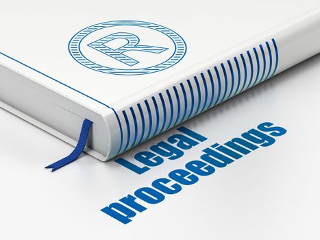 Law concept: closed book with Blue Registered icon and text Legal Proceedings on floor, white background, 3D rendering