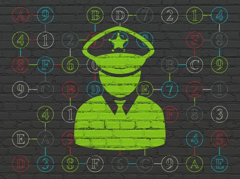 Protection concept: Painted green Police icon on Black Brick wall background with Scheme Of Hexadecimal Code