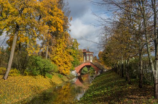 Krestovy bridge in autumn. Alexander Park of Pushkin, Tsarskoye Selo. Russia