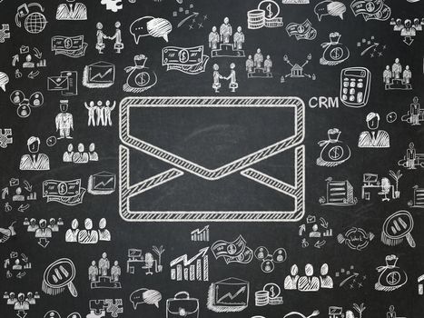 Business concept: Chalk White Email icon on School board background with  Hand Drawn Business Icons, School Board
