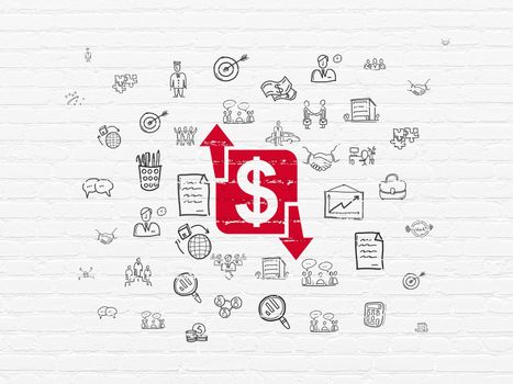 Business concept: Painted red Finance icon on White Brick wall background with  Hand Drawn Business Icons