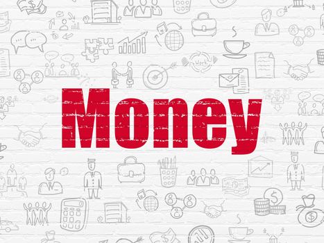 Business concept: Painted red text Money on White Brick wall background with  Hand Drawn Business Icons