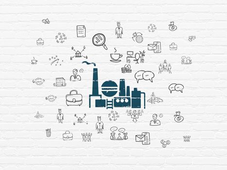 Business concept: Painted blue Oil And Gas Indusry icon on White Brick wall background with  Hand Drawn Business Icons