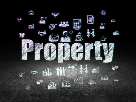 Business concept: Glowing text Property,  Hand Drawn Business Icons in grunge dark room with Dirty Floor, black background