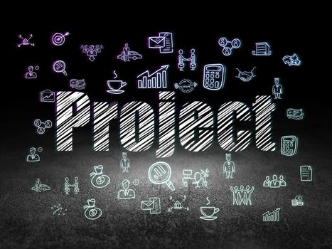 Business concept: Glowing text Project,  Hand Drawn Business Icons in grunge dark room with Dirty Floor, black background