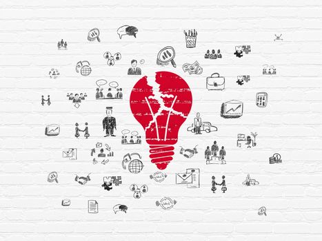 Finance concept: Painted red Light Bulb icon on White Brick wall background with  Hand Drawn Business Icons