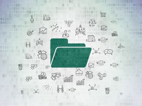 Business concept: Painted green Folder icon on Digital Data Paper background with  Hand Drawn Business Icons