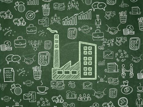 Business concept: Chalk Green Industry Building icon on School board background with  Hand Drawn Business Icons, School Board
