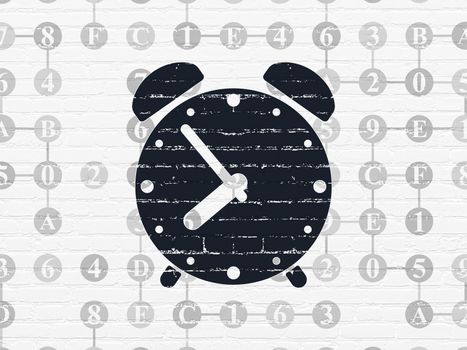 Timeline concept: Painted black Alarm Clock icon on White Brick wall background with Scheme Of Hexadecimal Code