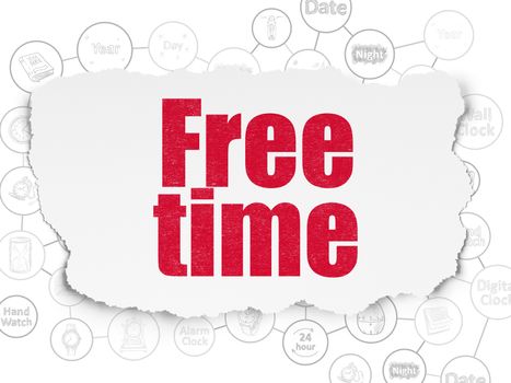 Time concept: Painted red text Free Time on Torn Paper background with Scheme Of Hand Drawing Time Icons