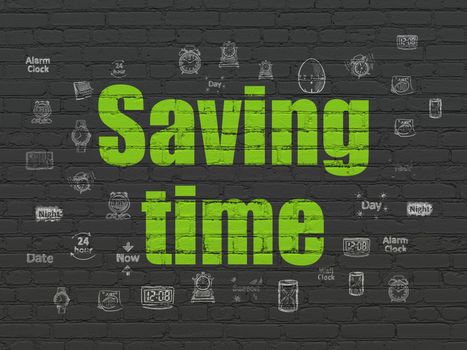 Timeline concept: Painted green text Saving Time on Black Brick wall background with  Hand Drawing Time Icons