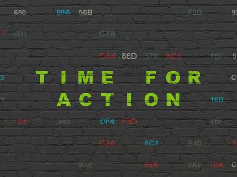 Timeline concept: Painted green text Time for Action on Black Brick wall background with Hexadecimal Code