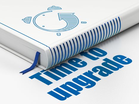 Time concept: closed book with Blue Alarm Clock icon and text Time To Upgrade on floor, white background, 3D rendering