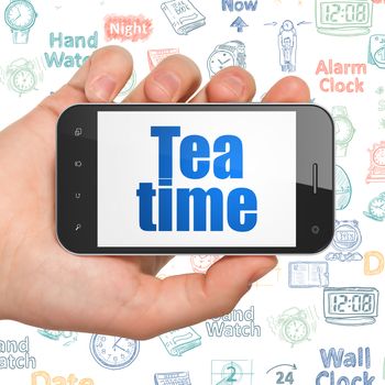 Timeline concept: Hand Holding Smartphone with  blue text Tea Time on display,  Hand Drawing Time Icons background, 3D rendering