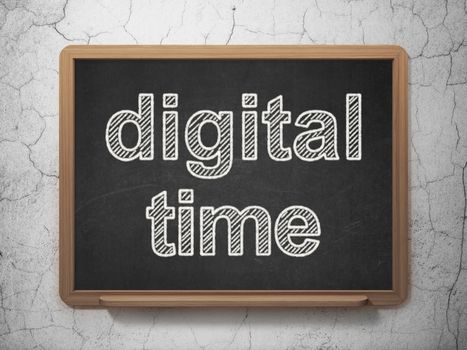 Time concept: text Digital Time on Black chalkboard on grunge wall background, 3D rendering