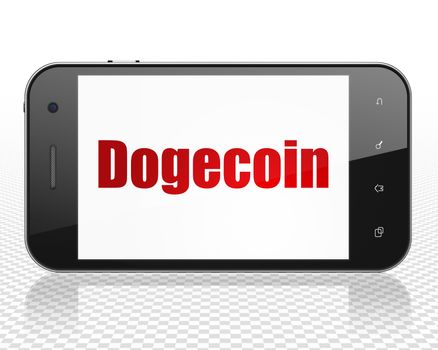 Blockchain concept: Smartphone with red text Dogecoin on display, 3D rendering