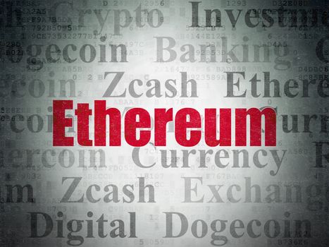 Cryptocurrency concept: Painted red text Ethereum on Digital Data Paper background with   Tag Cloud