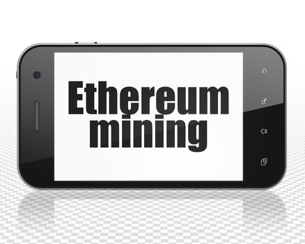 Blockchain concept: Smartphone with black text Ethereum Mining on display, 3D rendering