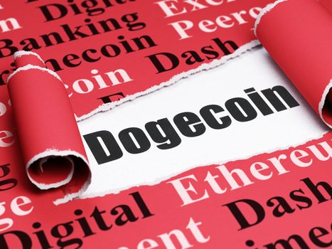 Blockchain concept: black text Dogecoin under the curled piece of Red torn paper with  Tag Cloud, 3D rendering