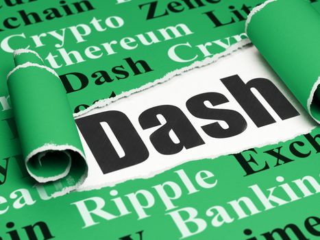 Cryptocurrency concept: black text Dash under the curled piece of Green torn paper with  Tag Cloud, 3D rendering