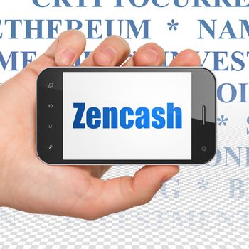 Cryptocurrency concept: Hand Holding Smartphone with  blue text Zencash on display,  Tag Cloud background, 3D rendering