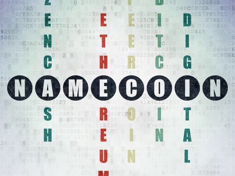 Cryptocurrency concept: Painted black word Namecoin in solving Crossword Puzzle on Digital Data Paper background