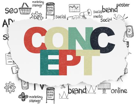 Advertising concept: Painted multicolor text Concept on Torn Paper background with  Hand Drawn Marketing Icons