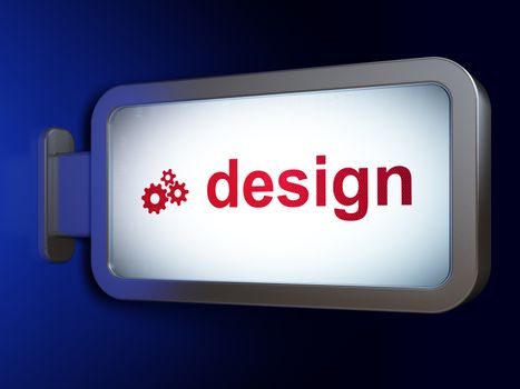 Advertising concept: Design and Gears on advertising billboard background, 3D rendering