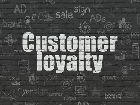 Marketing concept: Painted white text Customer Loyalty on Black Brick wall background with  Hand Drawn Marketing Icons