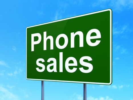 Advertising concept: Phone Sales on green road highway sign, clear blue sky background, 3D rendering