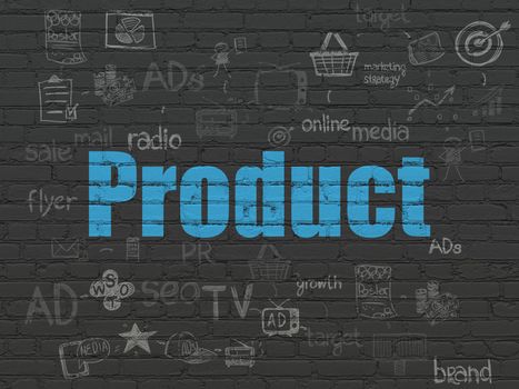 Advertising concept: Painted blue text Product on Black Brick wall background with Scheme Of Hand Drawn Marketing Icons