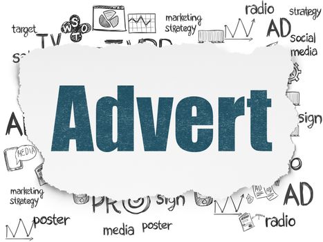Marketing concept: Painted blue text Advert on Torn Paper background with  Hand Drawn Marketing Icons