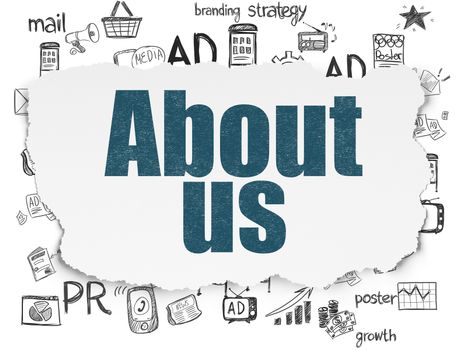 Marketing concept: Painted blue text About Us on Torn Paper background with  Hand Drawn Marketing Icons
