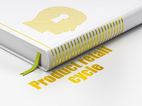 Marketing concept: closed book with Gold Head With Keyhole icon and text Product retail Cycle on floor, white background, 3D rendering