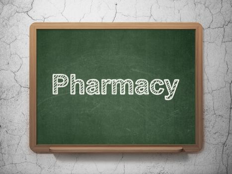 Medicine concept: text Pharmacy on Green chalkboard on grunge wall background, 3D rendering